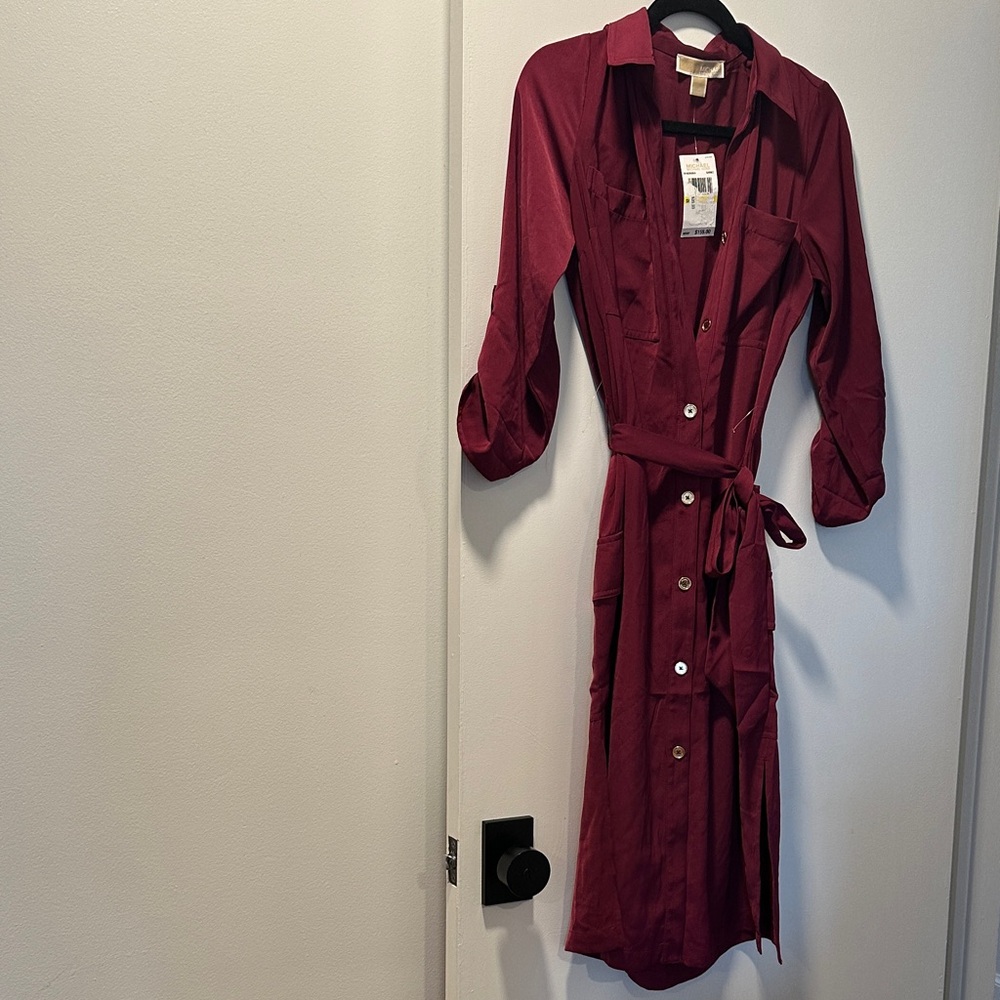 NWT Michael kors Women's Burgundy Button-Front Shirt Dress with Tie Waist